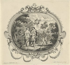 Pareja caminando acompañada de amorcillos de Jacob Houbraken
