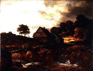 Paisaje boscoso con campesino en un puente sobre un torrente de Jacob I. van (follower of) Ruisdael