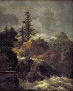 Paisaje con una cascada y una cabaña de Jacob van Ruisdael