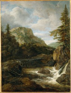 Paisaje de montaña con cascada (pintura sobre lienzo)
