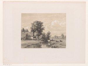 Paisaje con granja y vaca en el agua.