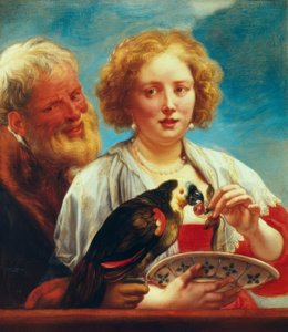 Una joven con un anciano y un loro de Jacob Jordaens