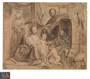 Alemán: The Holy Family with Elisabeth and St John the Baptist (back: door, doorway and Hermes)
Holandés: De Heilige Familie met Elisabeth en de kleine Johannes (keerzijde: Deur, deuropening en Hermes) de Jacob Jordaens