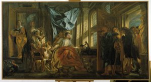 Penélope. La esposa de Ulises, que espera a su marido, rechaza las insinuaciones de sus pretendientes y continúa con su tapiz. Pintura de Jacob Jordaens (1593-1678). Museo Granet, Aix en Provence. de Jacob Jordaens