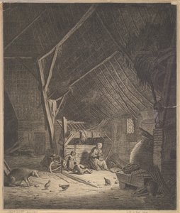 Interior de un granero con madre y dos niños, al frente un cerdo copia, siglo XVII de Jacob Louys