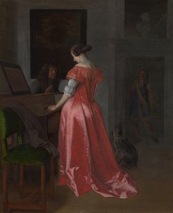 Una mujer de pie junto a un clavecín, ca 1675 de Jacob Lucasz. Ochtervelt