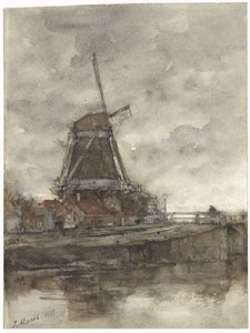 Molino y puente en el Buitenensingel noroeste de La Haya de Jacob Maris