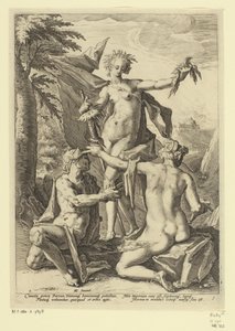 tres destinos Representaciones mitológicas y alegóricas (título de serie) de Jacob Matham (attributed to)