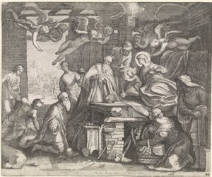 Adoración de los Reyes con Ángeles de Jacob Matham (workshop of)