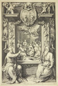 Adoración de los pastores con Pedro y Pablo en un marco alegórico de Jacob Matham