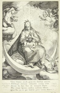 Virgen María con el Niño Jesús en la media luna, rodeada de ángeles