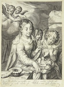 Virgen María con el niño rodeada de ángeles de Jacob Matham