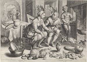 Pieza de cocina con pollo al asador Escenas de cocina y mercado con escenas bíblicas (título de la serie)