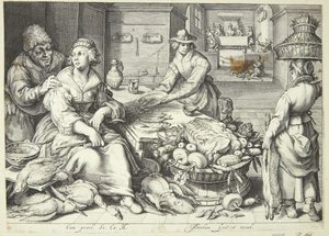 Escena de cocina con una cocinera desplumando aves de Jacob Matham
