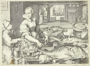 Escena de cocina con una cocinera limpiando pescado