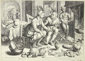 Escena de Cocina con un Hombre y una Mujer Asando un Pollo