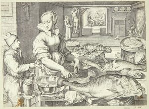 Escena de cocina con una cocinera limpiando pescado de Jacob Matham