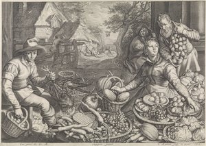 Escena del mercado y la calma en el vuelo a Egipto Escenas de cocina y mercado con escenas bíblicas (título de la serie) de Jacob Matham
