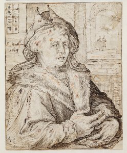Retrato de un hombre con gorra y capa con borde de piel, mirando hacia la derecha. A la derecha, a través de una ventana, vista de otras habitaciones de Jacob Matham