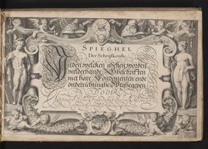 Impresión de título con marco de borde alegórico y título caligrafiado Espejo del arte de escribir, inden welcken ghesien se dan muchos tipos de escritos con sus fundamentos y educación (...) Rotterdam. Anno 1605 (título de serie sobre objeto) de Jacob Matham