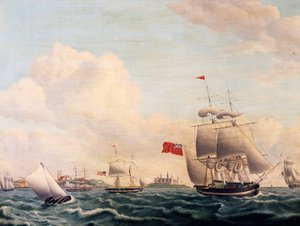 Barcos navegando por el estrecho de Oresund entre Suecia y Dinamarca con el castillo de Kronborg al fondo de Jacob Petersen