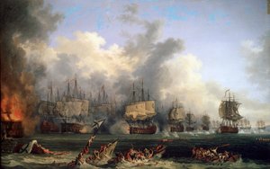 El hundimiento del acorazado ruso St. Evstafius en la batalla naval de Chesma, 1771 de Jacob Philipp Hackert