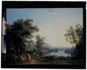 Un paisaje fluvial clásico de Jacob Philippe Hackert