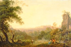 Una vista de Roma con campesinos y ruinas