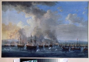 Guerra ruso-otomana: ""La batalla naval de Damietta en 1770"" (La batalla naval de Damietta en 1770) Se opuso a las flotas de la Rusia de Catalina II y el Imperio Otomano (Revolución de Orloff o Expedición de los hermanos Orloff). Pintar de Jacob Philippe Hackert