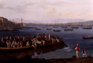 La Bahía de Nápoles cerca de Santa Lucía mostrando las flotas navales regresando de Argel de Jacob Philippe Hackert