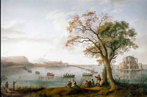 La caza de la focha de Fernando I de las Dos Sicilias en el lago Fusaro cerca de Nápoles, Italia de Jacob Philippe Hackert