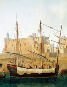 Vista de un barco en el puerto de Monopoli, Apulia, Italia de Jacob Philippe Hackert