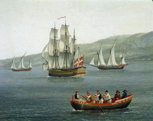 Vista de barcos en el estrecho de Mesina, Reggio Calabria, Italia (detalle) de Jacob Philippe Hackert