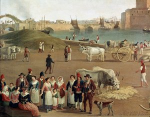 Vista del puerto de Tarento, detalle de actividades comerciales, trabajadores y personas con vestimenta tradicional de Jacob Philippe Hackert