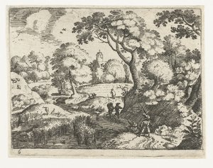 Paisaje con viajero y soldados
Seis paisajes con viajeros (título de la serie) de Jacob Savery (I)