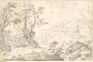 Paisaje con una ciudad (¿Hamburgo?) junto al lago o vista al mar de Jacob Stockmann