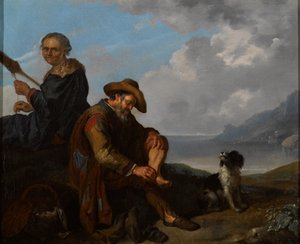 Un paisaje costero del sur con un par de figuras y un perro de Jacob Toorenvliet