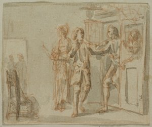 Ilustración literaria: Dos hombres y una mujer en un interior de Jacob Wilhelm Mechau