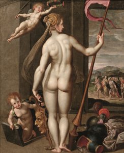 Minerva sosteniendo una lanza mientras es coronada de laurel por un putto (óleo sobre lienzo) de Jacob de (studio of) Backer