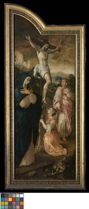 La crucifixión (ala izquierda), La profecía de la recuperación de Ezequías (panel central), El abad Jacobo Delrio con la santa patrona (ala derecha), La resurrección de Lázaro (grisalla, parte posterior de las alas exteriores). de Jacob de Backer