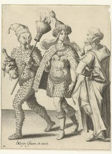 Tres figuras enmascaradas, una de ellas con una escoba en la que se clavan velas Las Mascaradas (título de la serie) de Jacob de Gheyn (II) (workshop of)