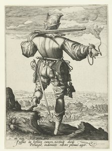 Mosquetero (¿arcabucero?) con casco puesto Oficiales y soldados (título de la serie) de Jacob de Gheyn (II)