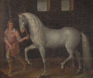 Caballo de guerra español
Un caballo de guerra español capturado por Lodewijk Gunther van Nassau al archiduque Alberto de Austria en la batalla de Nieuwpoort y regalado al príncipe Maurits de Jacob de Gheyn (II)