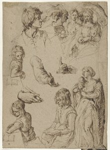 Estudio de manos y figuras. Hoja de estudio con un joven, una mujer con niño y un juicio de París o el sábado de las brujas de Jacob de Gheyn (II)