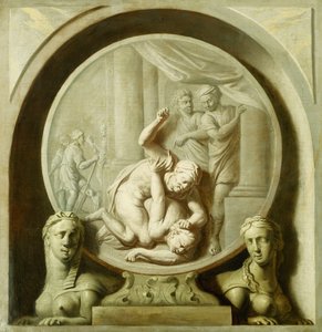 Un medallón decorativo con Ulises luchando contra el mendigo, y con esfinges de Jacob de Wit