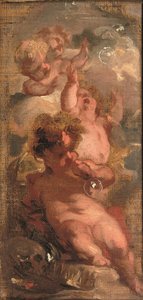 Una alegoría de Vanitas: cuatro putti que hacen burbujas, una calavera, una paleta de artista y una corona cercana (óleo sobre lienzo colocado en un panel) de Jacob de Wit