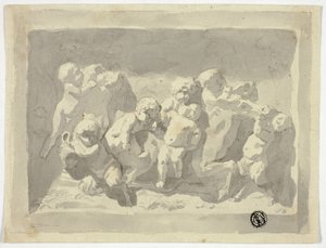 Bebé sátiro y Putti jugando con un burro