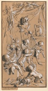 Putti jugando frente a un ermitaño de Jacob de Wit