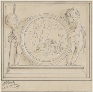 Dos amorcillos con medallón, en los que Narciso y Eco de Jacob de Wit