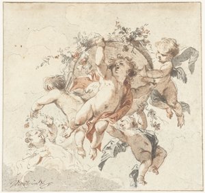 Querubines flotantes con una cesta de flores de Jacob de Wit